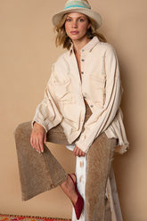 POL Button Down Raw Hem Distressed Jacket Pink Beige OutfitFlow